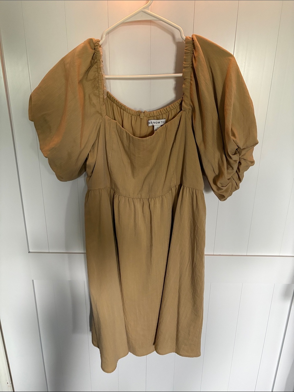 NOW/THEN Tan Puff-Sleeve Mini Dress